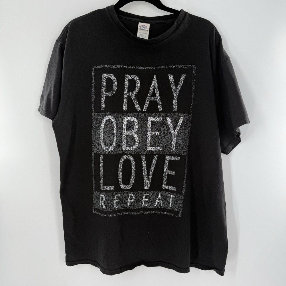 Delta Pro Mens XL Christian T Shirt Pray Obey Love Repeat Black Short Sleeve Tee
